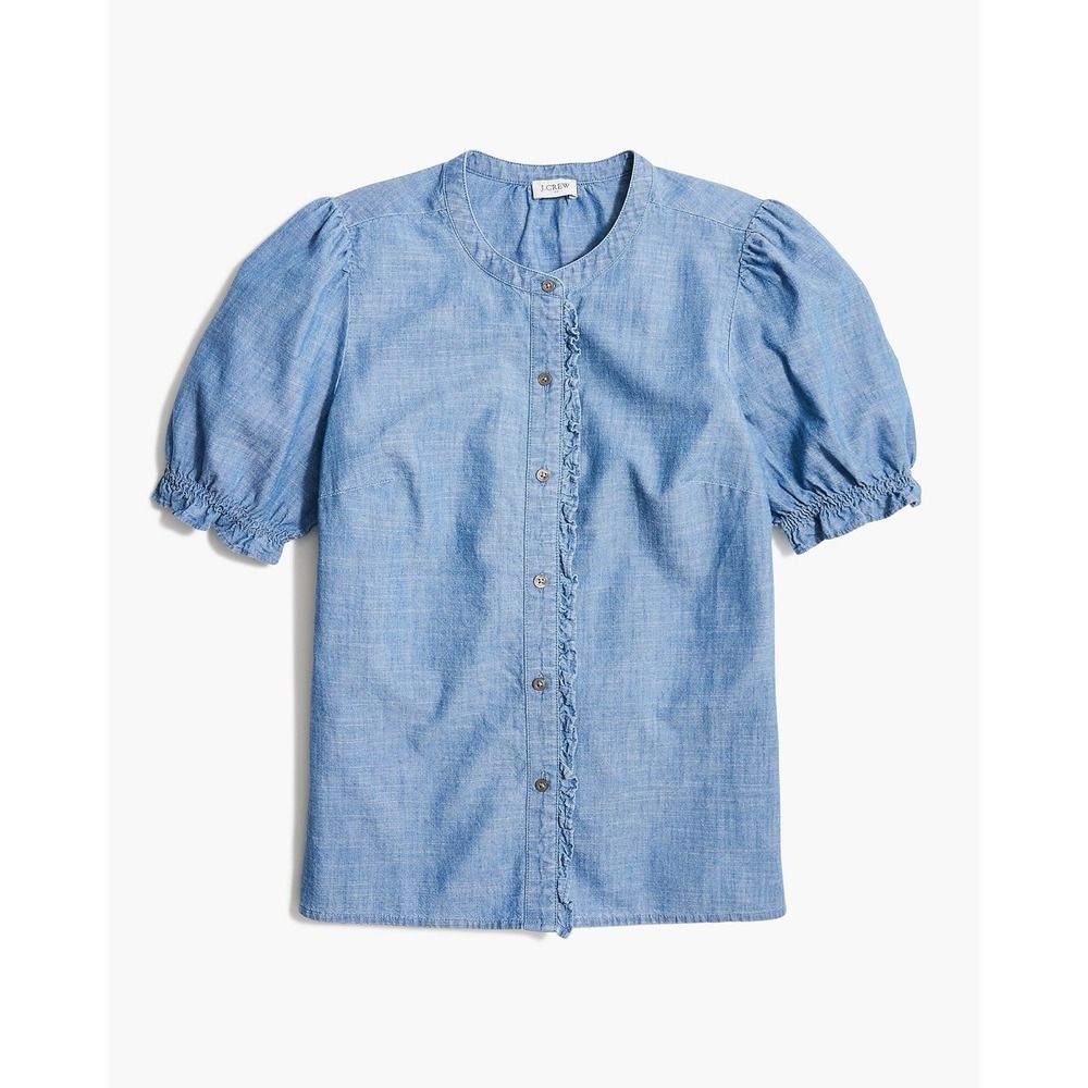 J.Crew Button Up Short Puff Sleeve Ruffled Chambray Top Size Small Women's
